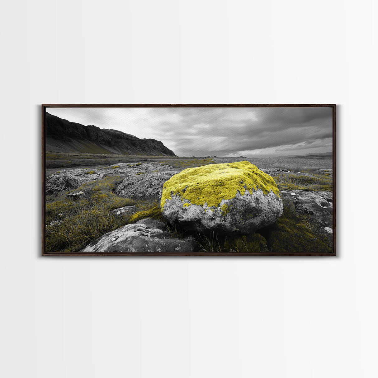 Yellow Moss Rock, Moody Nature Photography, Icelandic Landscape Art, Wilderness Inspired Canvas Print, Rustic Cabin Wall Decor