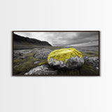 Yellow Moss Rock, Moody Nature Photography, Icelandic Landscape Art, Wilderness Inspired Canvas Print, Rustic Cabin Wall Decor