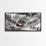 Red Cabin, Winter Mountains, Snow Forest, Canvas Print, Christmas Wall Art, Rustic Lodge Decor, Landscape Photography, Bedroom Art