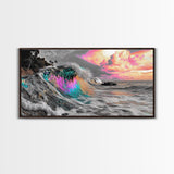 Neon Wave, Tropical Sunset, Bold Ocean Art, Framed Canvas Print, Color Pop Wall Decor, Surfer Room Style, Coastal Vibe Art