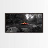Forest Campfire, Glowing Flames, Outdoor Retreat, Cozy Autumn, Framed Canvas Print, Rustic Wall Decor, Fall Living Room Art, Nature Scene