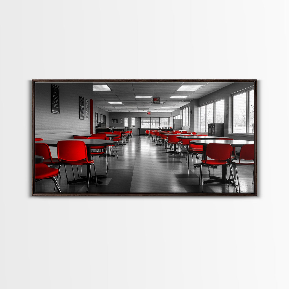 Red Chairs, Modern Cafeteria, Retro Seating, Pop Color Dining, Canvas Print, Kitchen Wall Art, Urban Minimalism, Bold Office Decor
