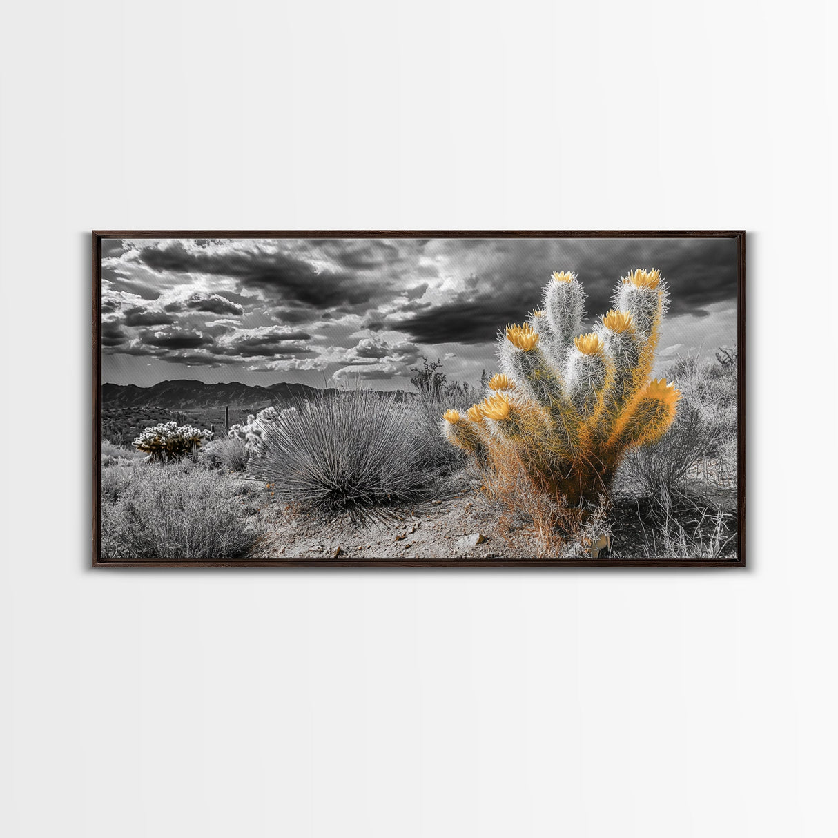 Golden Bloom Cactus, Desert Storm Landscape, Framed Canvas Print, Rustic Decor, Boho Western Art, Entryway Wall Art, Autumn Style