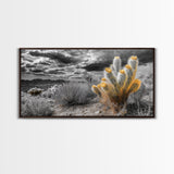 Golden Bloom Cactus, Desert Storm Landscape, Framed Canvas Print, Rustic Decor, Boho Western Art, Entryway Wall Art, Autumn Style
