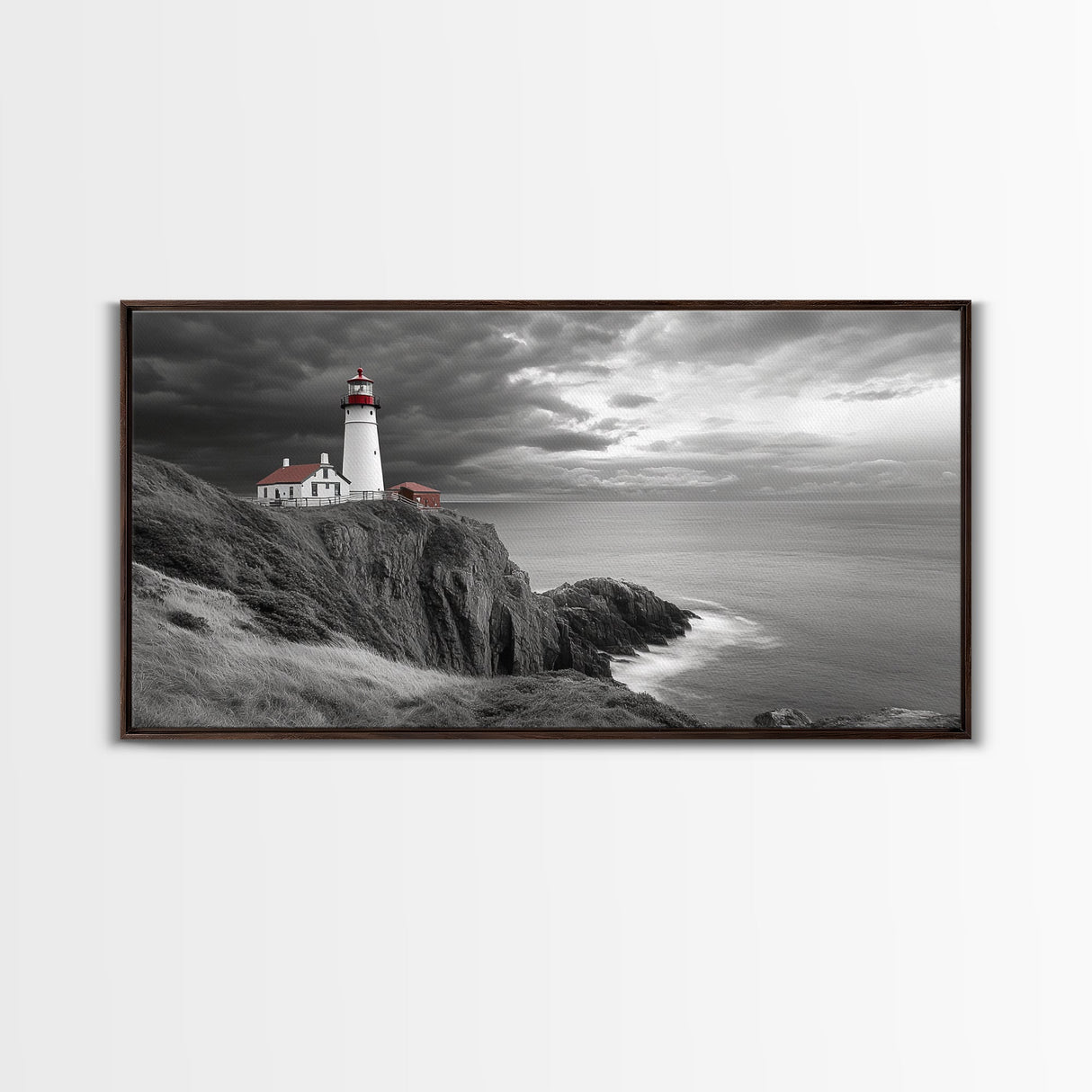 Lighthouse Ocean Storm, Coastal Cliff Light, Framed Canvas Print, Nautical Wall Art, Beach House Decor, Dramatic Sky Scene, Office Art