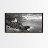 Lighthouse Ocean Storm, Coastal Cliff Light, Framed Canvas Print, Nautical Wall Art, Beach House Decor, Dramatic Sky Scene, Office Art