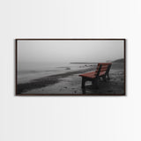 Red Bench Fog, Moody Coastal Morning, Framed Canvas Print, Minimalist Beach Wall Art, Modern Entryway Decor, Black and White Vibes