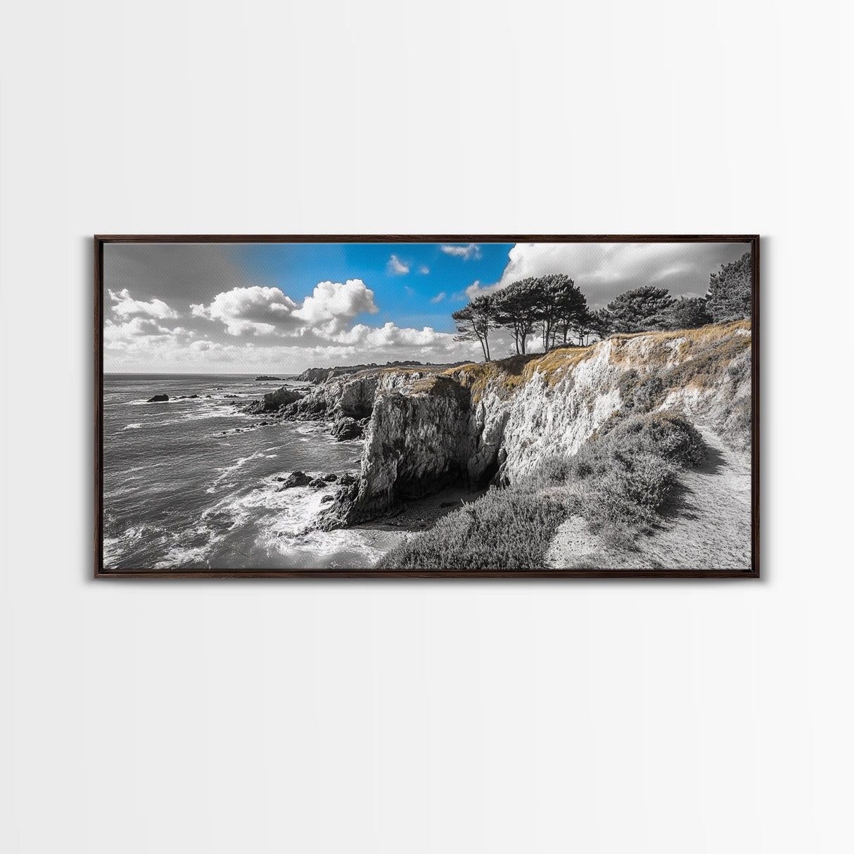 Coastal View, Cliffside Trees, Ocean Horizon, Nature Escape, Canvas Print perfect coastal wall art, minimalist home decor, bathroom art