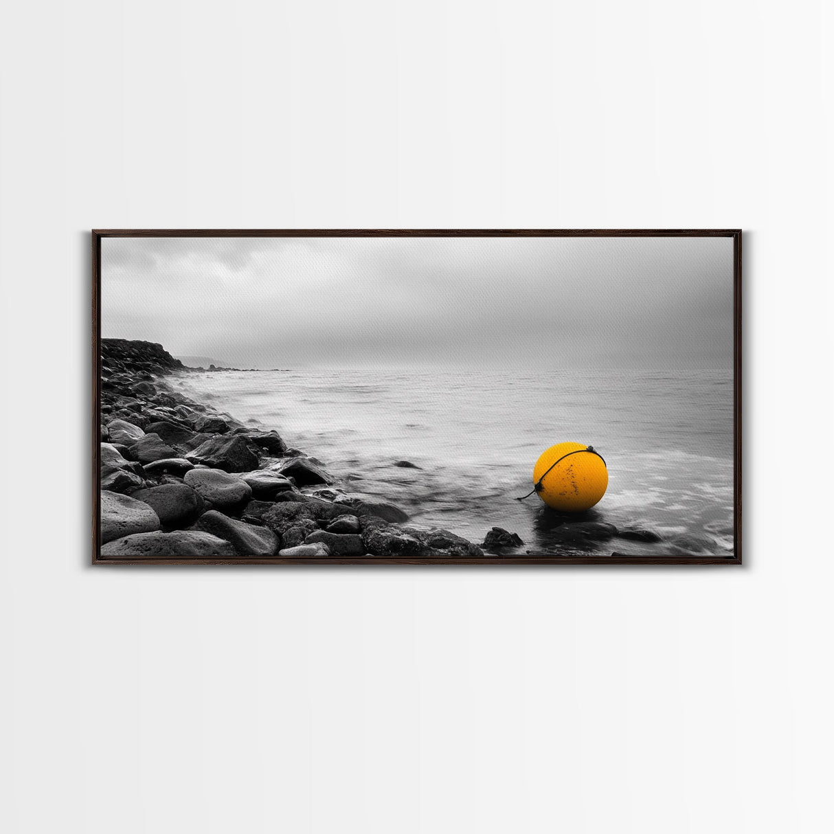Yellow Buoy, Ocean Minimalism, Coastal Calm, Seaside Solitude, Canvas Print beach house wall decor, black and white modern art