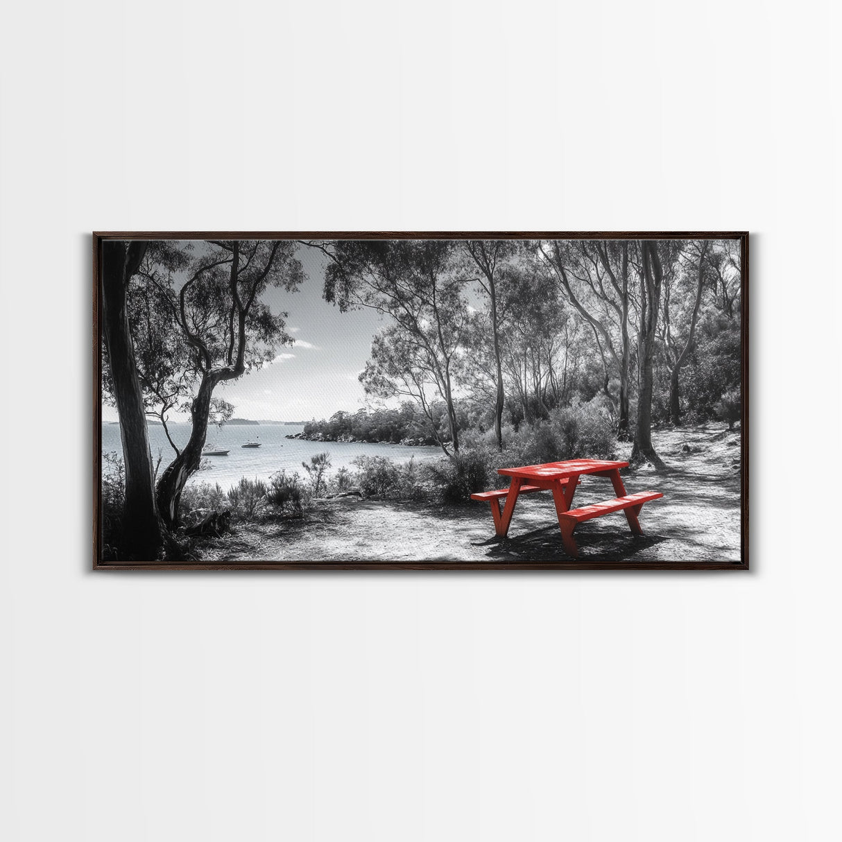 Red Picnic Table, Lakeside Spot, Forest Escape, Outdoor Moment, Framed Canvas Print nature wall art, rustic cabin decor, adventure print