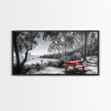 Red Picnic Table, Lakeside Spot, Forest Escape, Outdoor Moment, Framed Canvas Print nature wall art, rustic cabin decor, adventure print