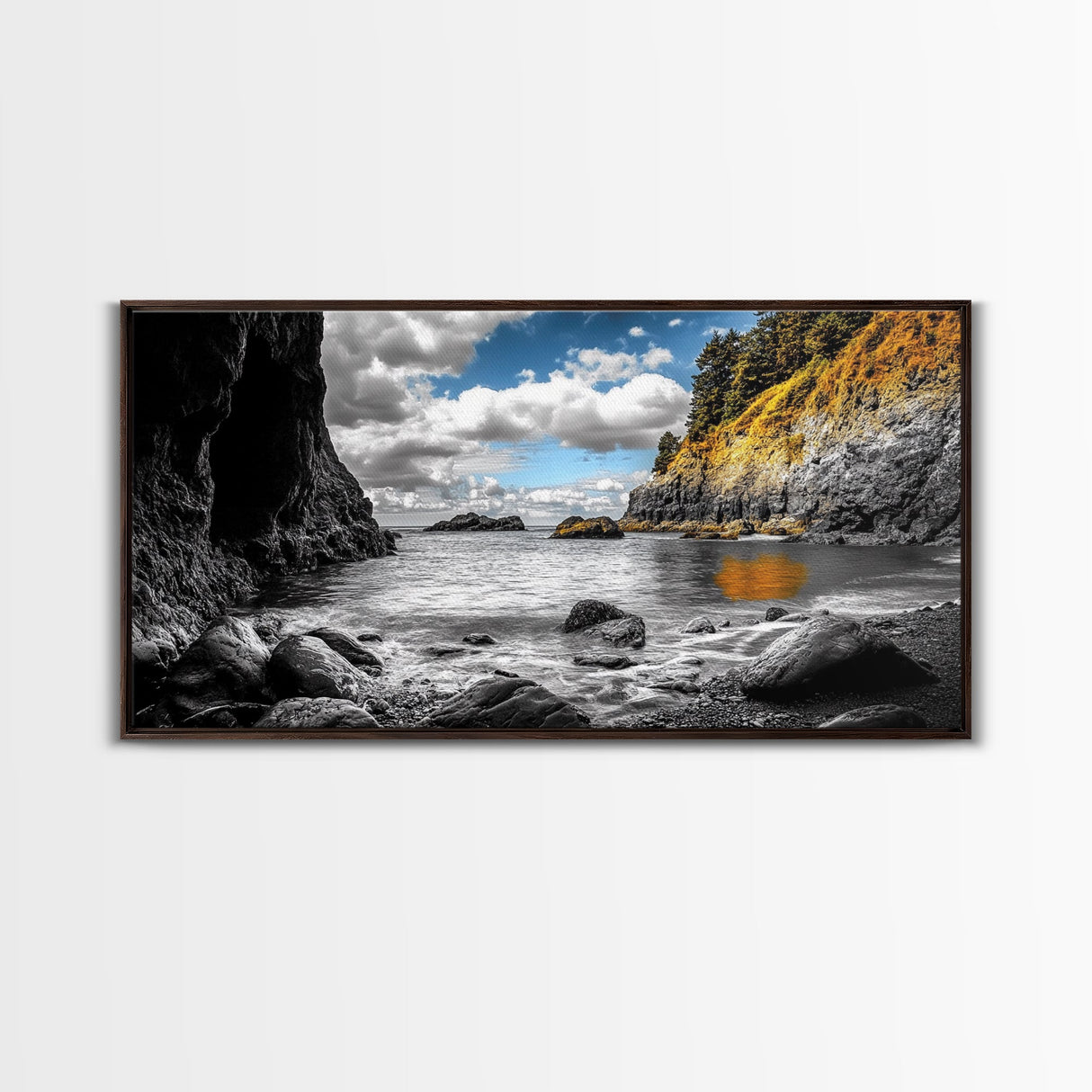 Rocky Cove, Coastal Escape, Golden Hillside, Ocean View, Canvas Print boho coastal art, fall themed decor, living room wall piece