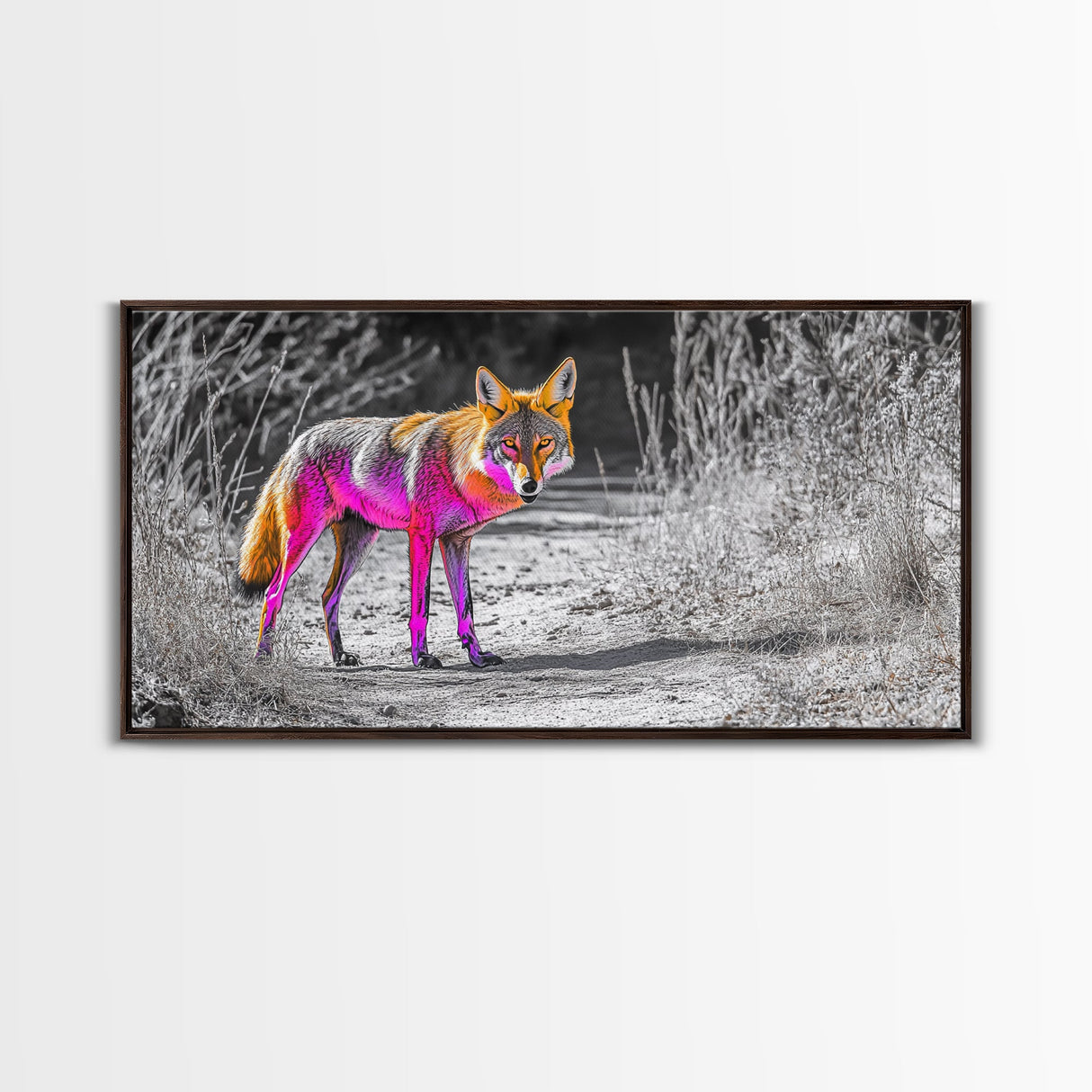Neon Fox Portrait, Vibrant Wildlife Path Scene, Bright Nature Animal, Framed Canvas Print, Bedroom Wall Art, Psychedelic Animal Style