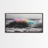 Rainbow Ocean Wave, Vibrant Sea Spray Art, Color Explosion Surf, Framed Canvas Print, Bathroom Wall Art, Coastal Modern Abstract