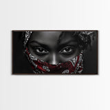 Fierce Eyes, Red Bandana, Bold Portrait, Afro Art, Framed Canvas Print, Bedroom Wall Art, Powerful Gaze, Monochrome With Red Accent