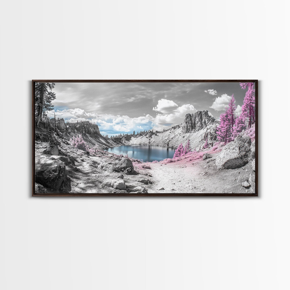 Surreal Landscape, Pink Trees, Mountain Lake, Framed Canvas Print, Fantasy Nature Art, Dreamy Decor, Bedroom Wall Art, Nature Surrealism