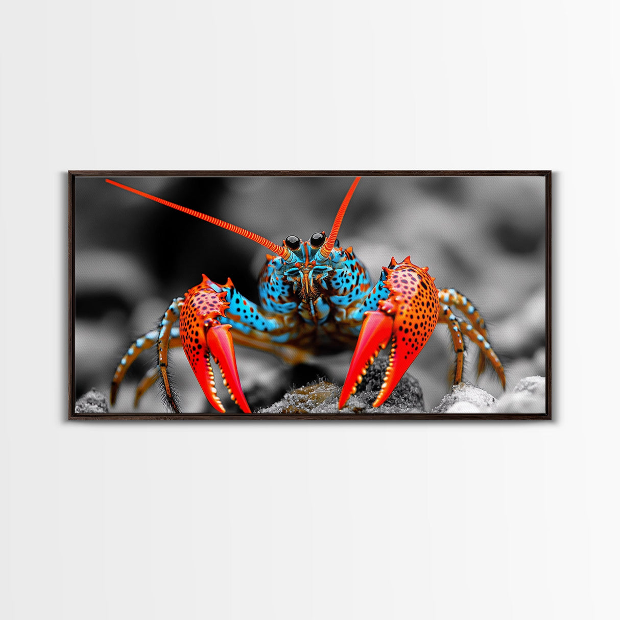 Vibrant Lobster, Red Blue, Sea Creature, Framed Canvas Print, Coastal Kitchen Wall Art, Ocean Wildlife, Nautical Bathroom Decor, Pop Art