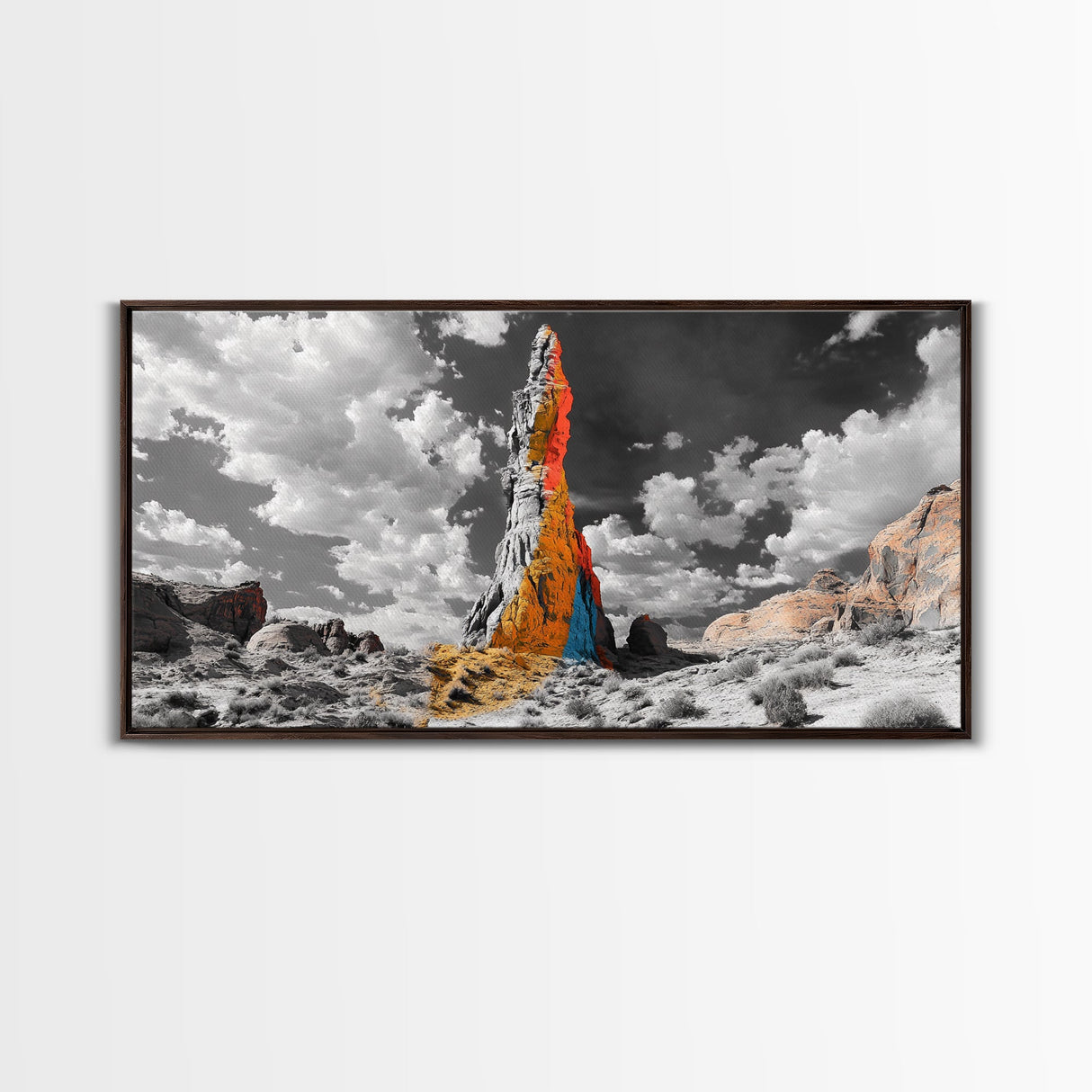 Color Rock Spire, Dramatic Sky, Desert Tower, Framed Canvas Print, Surreal Landscape Art, Southwest Decor, Living Room Adventure Vibe