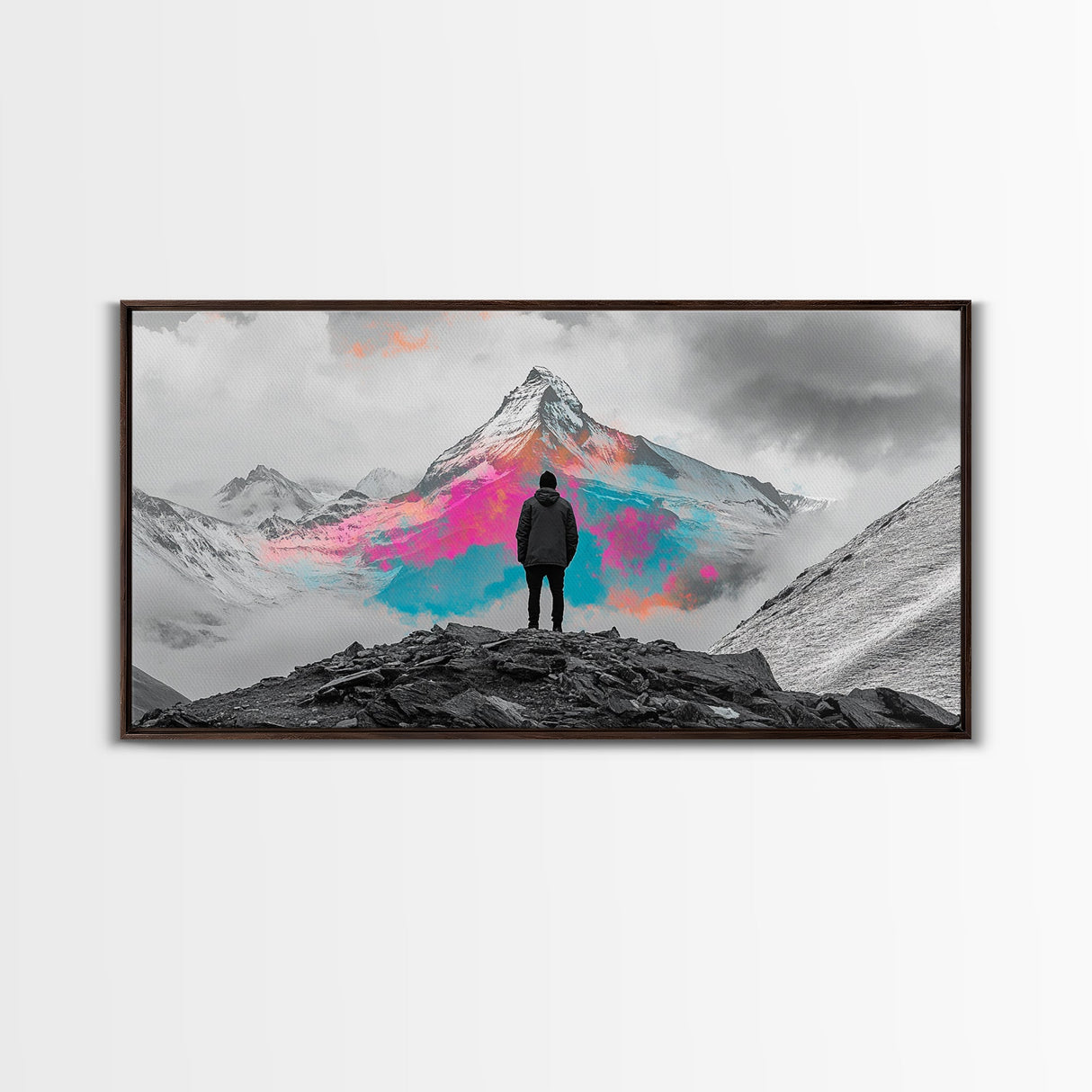 Rainbow Mountain, Vibrant Summit, Hiker Adventure, Canvas Print, Surreal Landscape Art, Wanderlust Wall Decor, Modern Office Artwork