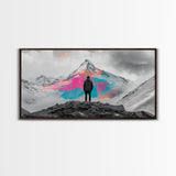 Rainbow Mountain, Vibrant Summit, Hiker Adventure, Canvas Print, Surreal Landscape Art, Wanderlust Wall Decor, Modern Office Artwork