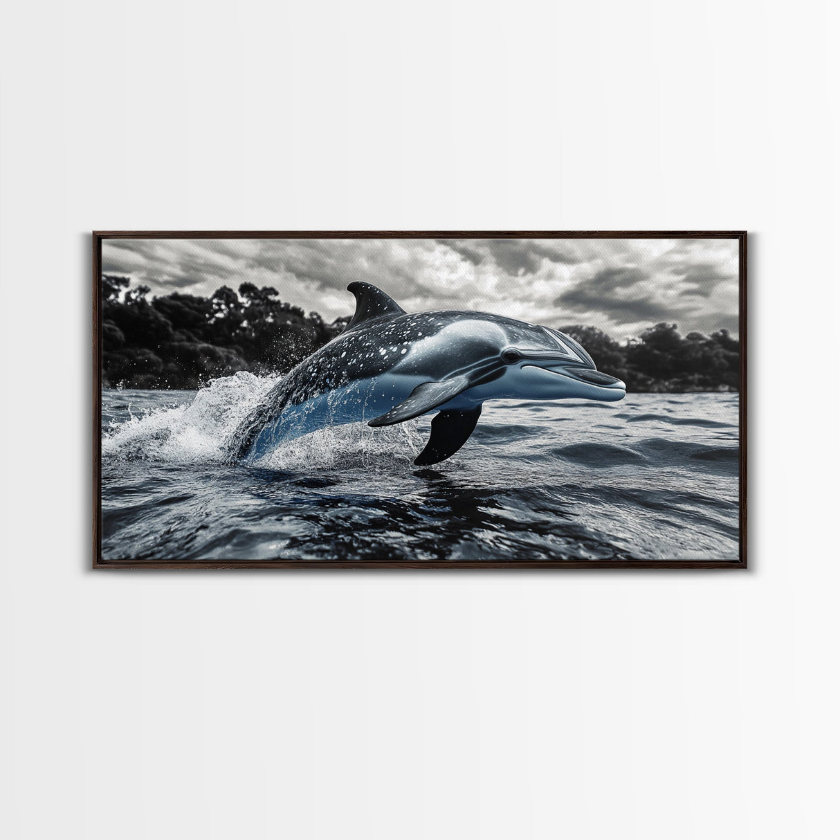 Jumping Dolphin, Ocean Splash, Monochrome Water, Framed Canvas Print, Coastal Wall Art, Bathroom Nautical Decor, Marine Life Photography