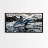 Jumping Dolphin, Ocean Splash, Monochrome Water, Framed Canvas Print, Coastal Wall Art, Bathroom Nautical Decor, Marine Life Photography