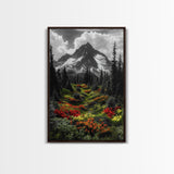 Mountain Flowers, Nature Trail, Alpine Beauty, Evergreen Path, Framed Canvas Print, Landscape Photography, Cabin Wall Art, Nature Decor