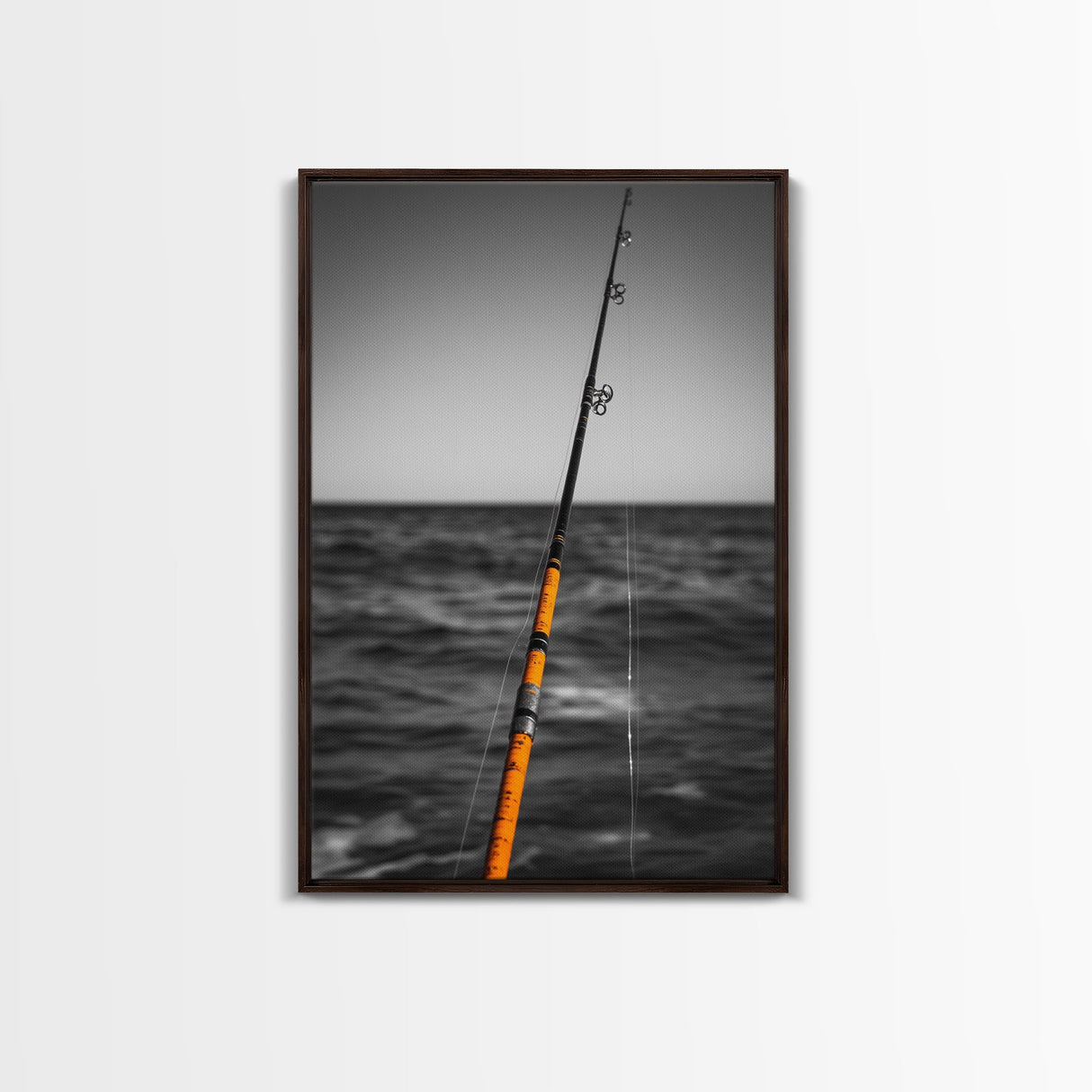 Fishing Pole, Ocean Rod, Angler Focus, Sea Horizon, Framed Canvas Print, Man Cave Wall Art, Sport Fishing Decor, Coastal Style Art