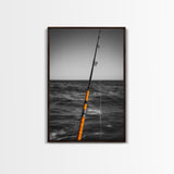 Fishing Pole, Ocean Rod, Angler Focus, Sea Horizon, Framed Canvas Print, Man Cave Wall Art, Sport Fishing Decor, Coastal Style Art