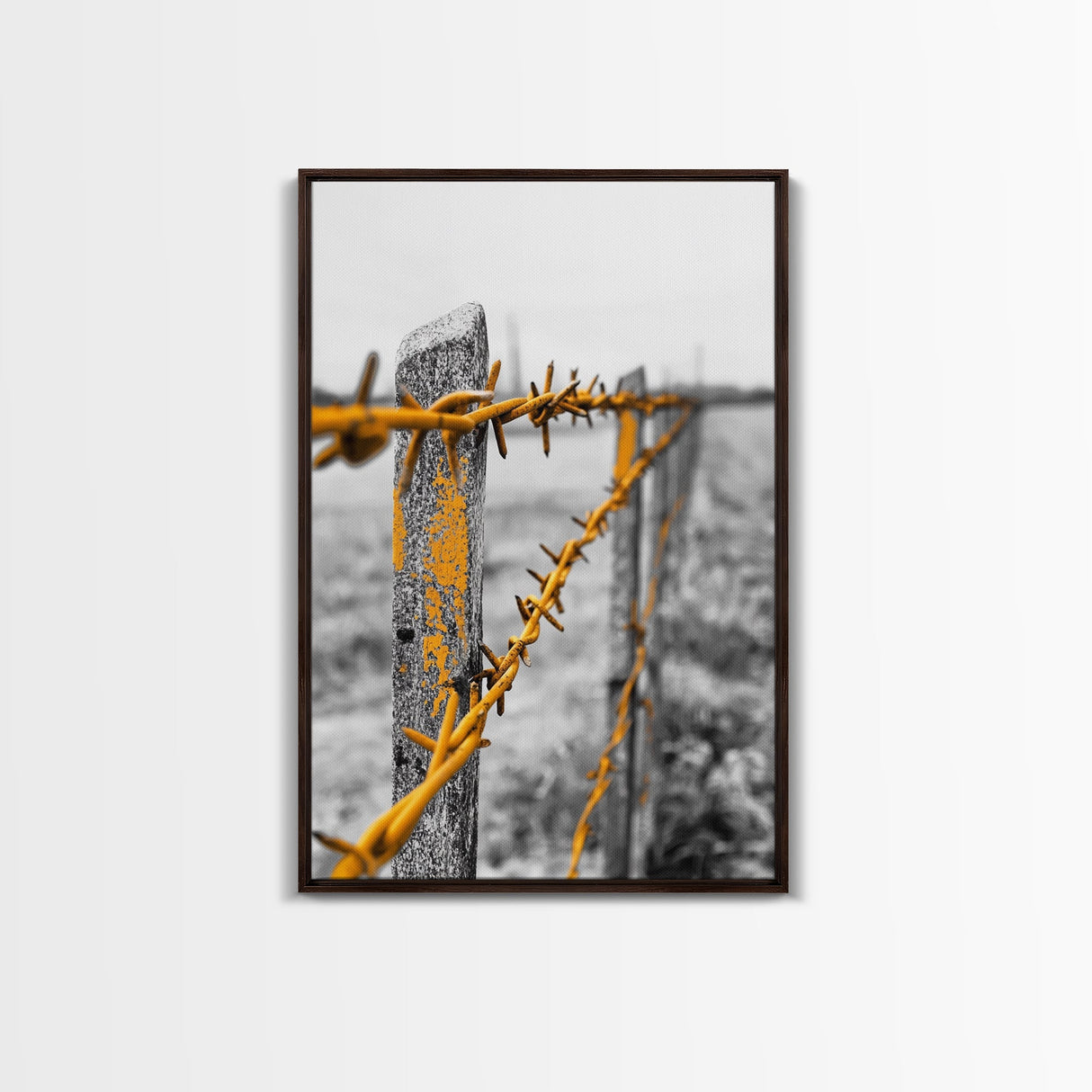 Yellow Fence Wire, Rustic Barbed Wire, Country Fence, Framed Canvas Print, Farmhouse Wall Art, Minimalist Rustic Home Decor