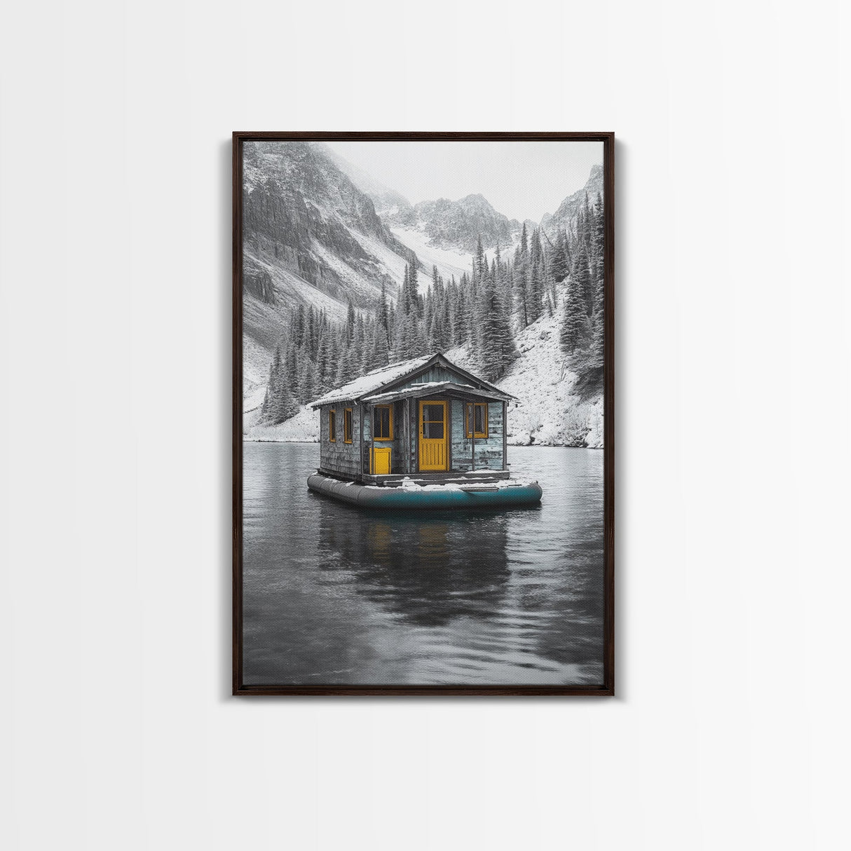 Winter Cabin, Floating House, Snowy Pines, Mountain Lake, Canvas Print, Minimalist Winter Wall Art, Cabin Decor, Neutral Nature Scene