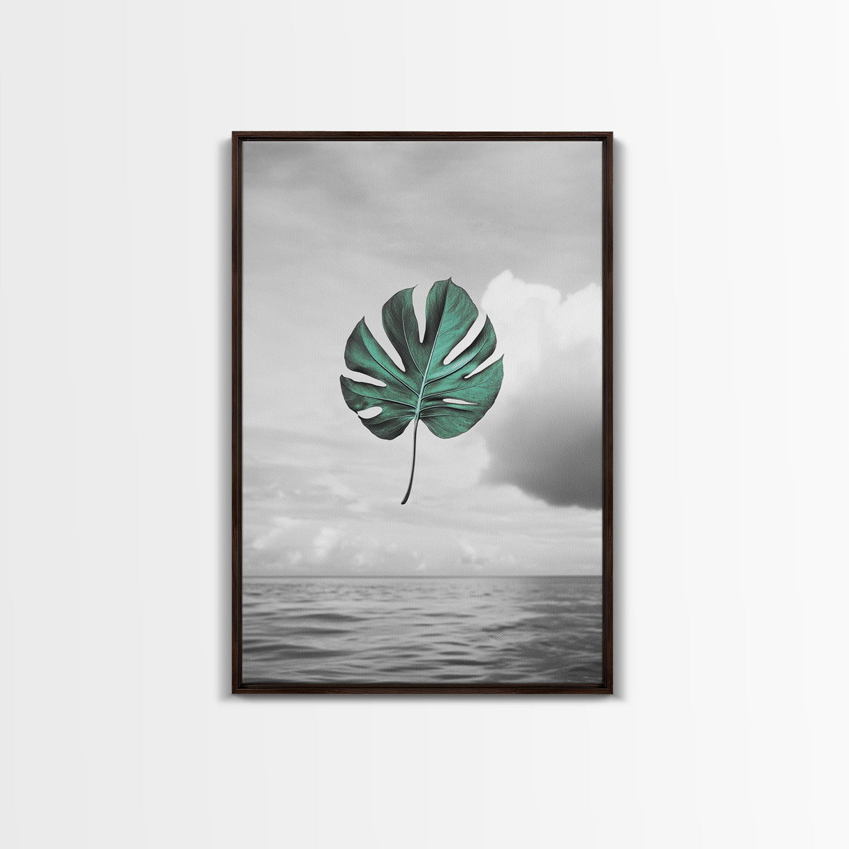 Monstera Leaf, Ocean Breeze, Tropical Minimalism, Floating Leaf, Framed Canvas Print, Modern Bathroom Art, Boho Decor, Tropical Wall Art