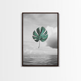 Monstera Leaf, Ocean Breeze, Tropical Minimalism, Floating Leaf, Framed Canvas Print, Modern Bathroom Art, Boho Decor, Tropical Wall Art