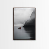 Red Boat, Foggy Coast, Seaside Cliff, Misty Water, Canvas Print, Moody Nautical Wall Art, Minimalist Ocean Decor, Scandinavian Style Art