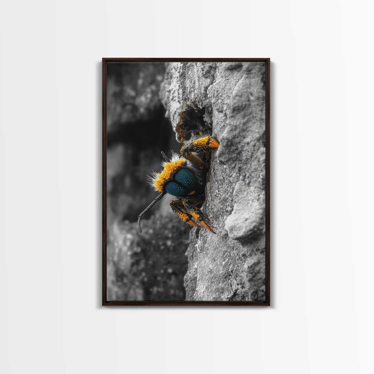 Fuzzy Bee Closeup, Insect Macro, Nature Texture, Framed Canvas Print, Wildlife Wall Art, Entomology Decor, Nature Photography