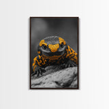 Lizard Close Up, Yellow and Black, Reptile Macro, Framed Canvas Print, Nature Photography, Animal Art, Man Cave Wall Art, Wildlife Decor