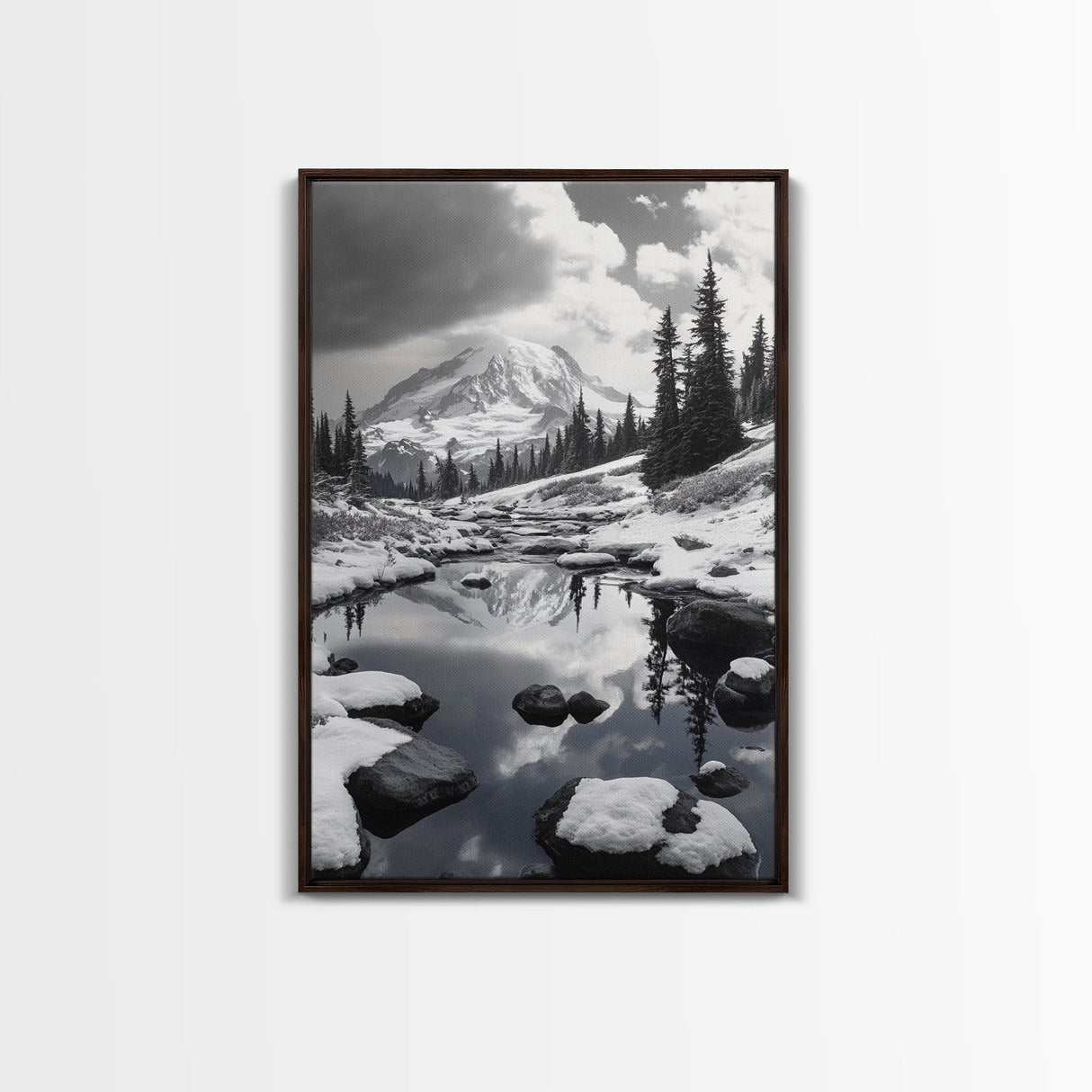 Snowy Mountain, Winter Landscape, Reflection Lake, Canvas Print, Black and White Nature Art, Cabin Wall Art, Adventure Photography