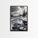 Snowy Mountain, Winter Landscape, Reflection Lake, Canvas Print, Black and White Nature Art, Cabin Wall Art, Adventure Photography