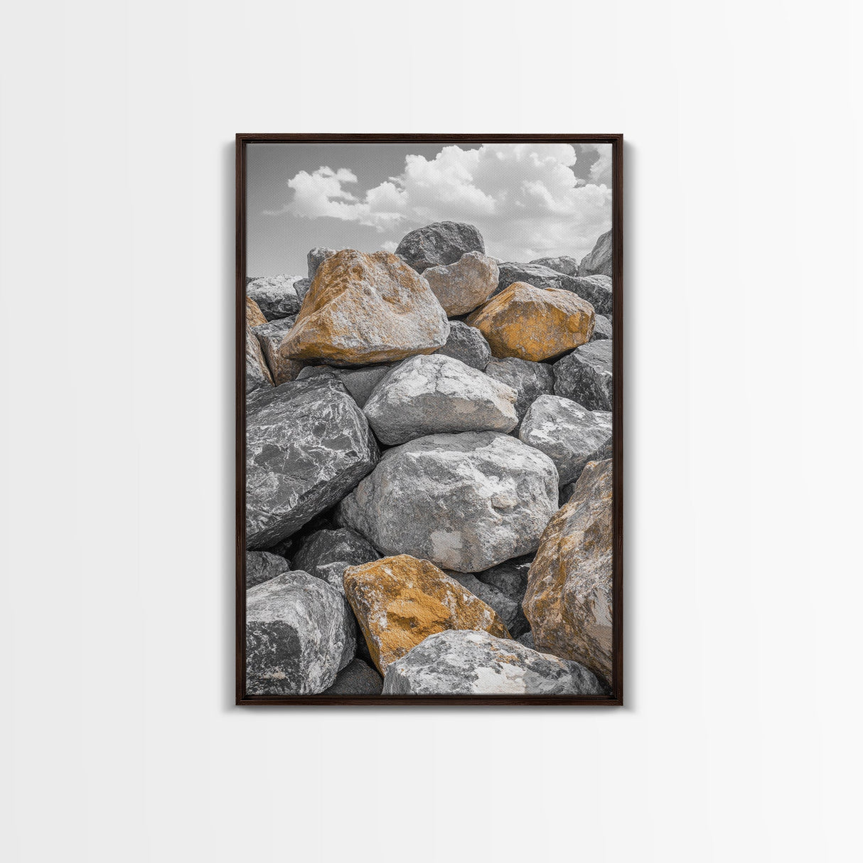 Golden Boulders, Earthy Texture, Nature Stones, Framed Canvas Print, Industrial Office Wall Art, Minimalist Landscape, Rock Photography