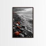 Red Shoreline, Bold Pebbles, Coastal Mood, Canvas Print, Nautical Wall Art, Moody Landscape, Black White Red Art, Nature Lover Gift