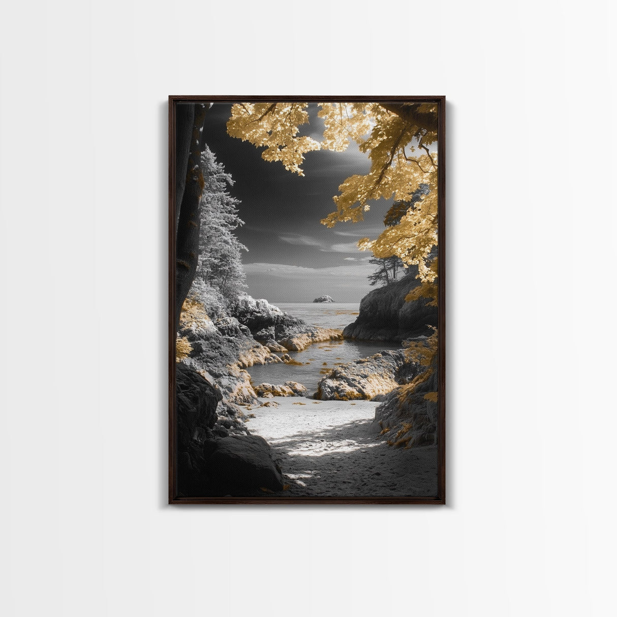 Yellow Trees, Autumn Beach, Ocean View, Framed Canvas Print, Nature Photography, Fall Landscape Wall Art, Coastal Living Room Decor