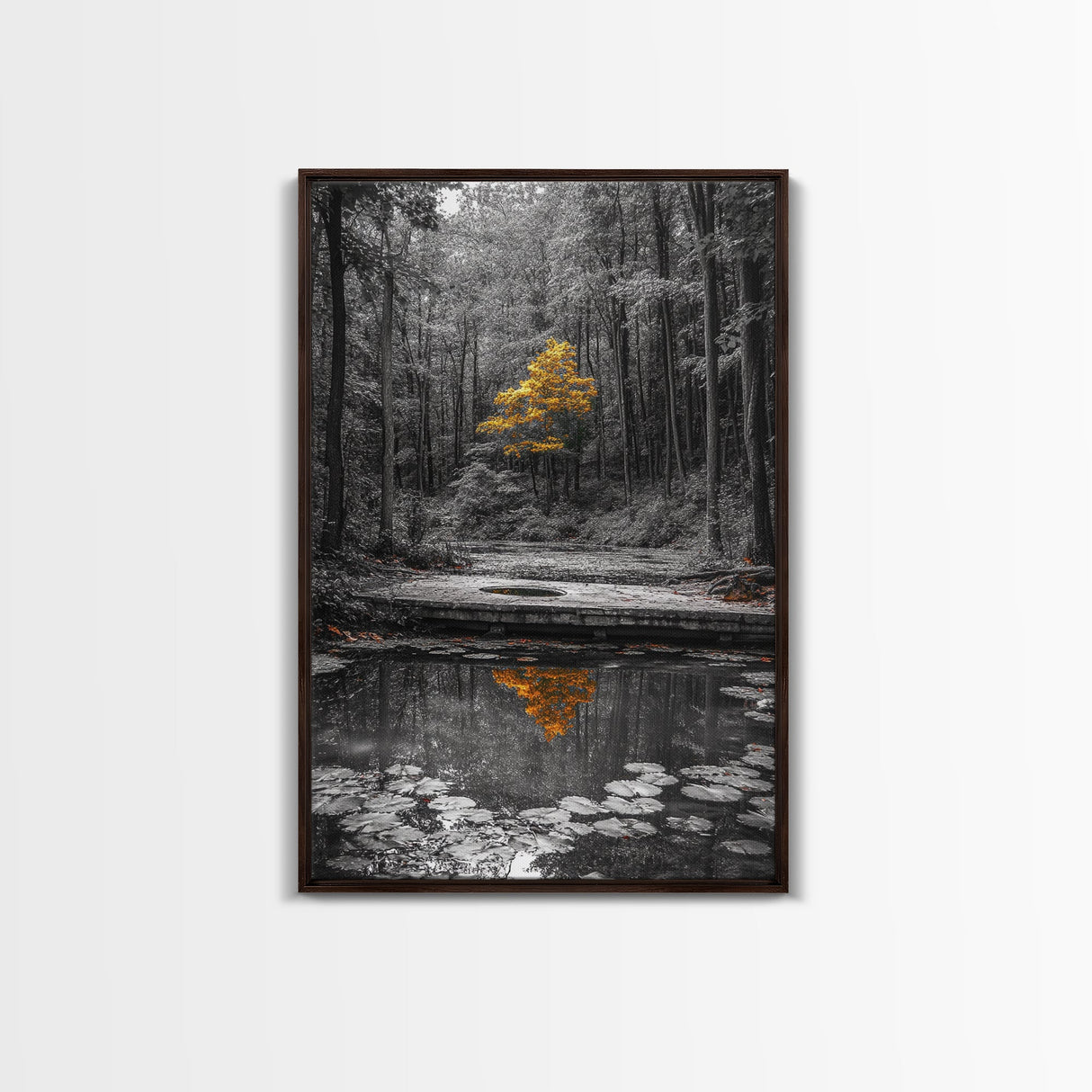 Lone Yellow Tree, Tranquil Pond, Forest Reflection, Canvas Print, Fall Nature Wall Art, Autumn Minimalist Decor, Peaceful Meditation Room