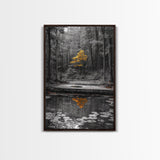 Lone Yellow Tree, Tranquil Pond, Forest Reflection, Canvas Print, Fall Nature Wall Art, Autumn Minimalist Decor, Peaceful Meditation Room