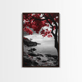 Red Leaves, Dramatic Coast, Ocean Horizon, Canvas Print, Autumn Coastal Wall Art, Bold Nature Photography, Moody Fall Decor, Beach Theme