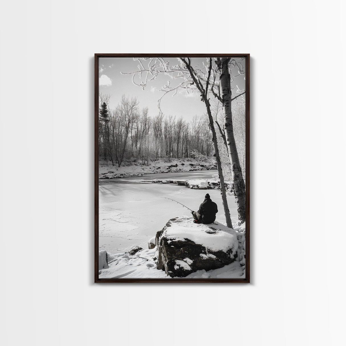 Winter Fishing, Snowy River, Peaceful Solitude, Canvas Print, Cabin Wall Art, Rustic Outdoor Decor, Black White Nature Photography