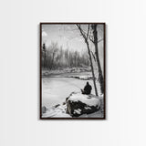 Winter Fishing, Snowy River, Peaceful Solitude, Canvas Print, Cabin Wall Art, Rustic Outdoor Decor, Black White Nature Photography