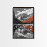 Mountain Reflections, Autumn Pines, Glacial Water Scene, Framed Canvas Print, Fall Landscape Wall Art, Nature Lover Home Decor