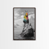 Rainbow Cliff, Soaring Bird, Ocean Rock Scene, Canvas Print, Nature Adventure Wall Art, Vibrant Seascape Decor, Coastal Living Accent