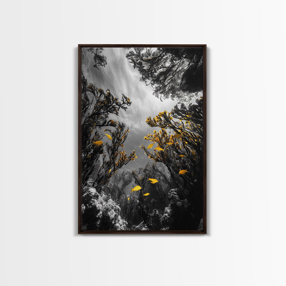Golden Fish, Kelp Forest, Ethereal Ocean Scene, Framed Canvas Print, Underwater Wall Art, Nature Photography, Bathroom Sea Decor
