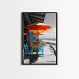 Seaside Café, Colorful Tables, Ocean Dining, Framed Canvas Print, Tropical Wall Art, Kitchen Decor, Bright Coastal Boho Style